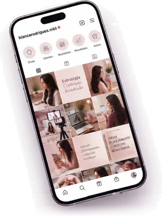 Perfil do Instagram organizado, com destaques e grade de posts