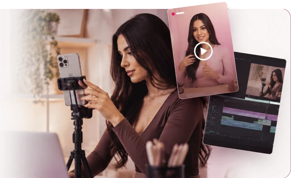 Criadora gravando um vídeo no tripé, ao lado de uma capa de vídeo e da tela de edição